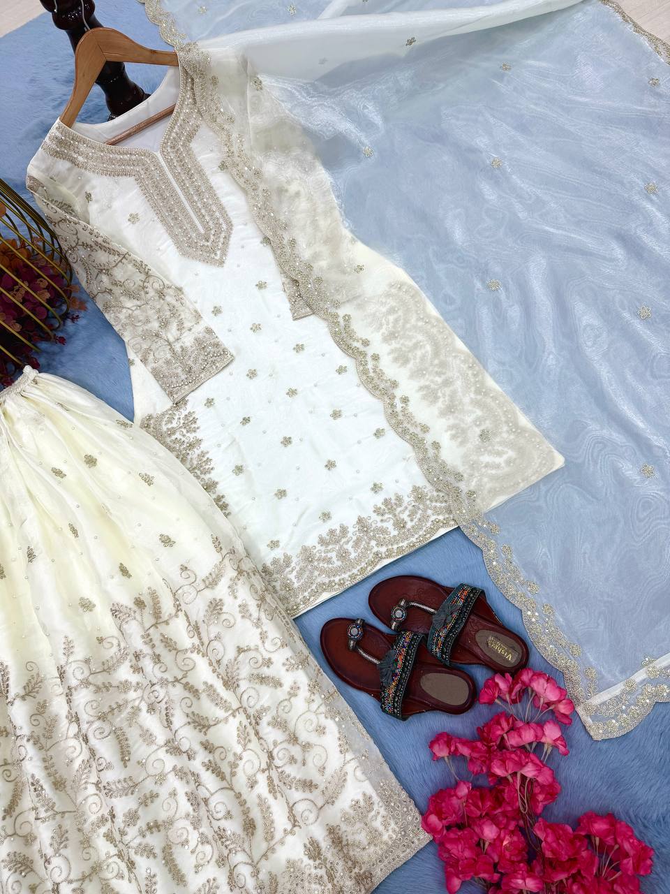 White Tissue Silk Embroidered Plazzo Set with Heavy 3mm Sequins, Coding Dori & Moti Hand Work – Fancy Sleeves, Full Stitched ClothsVilla
