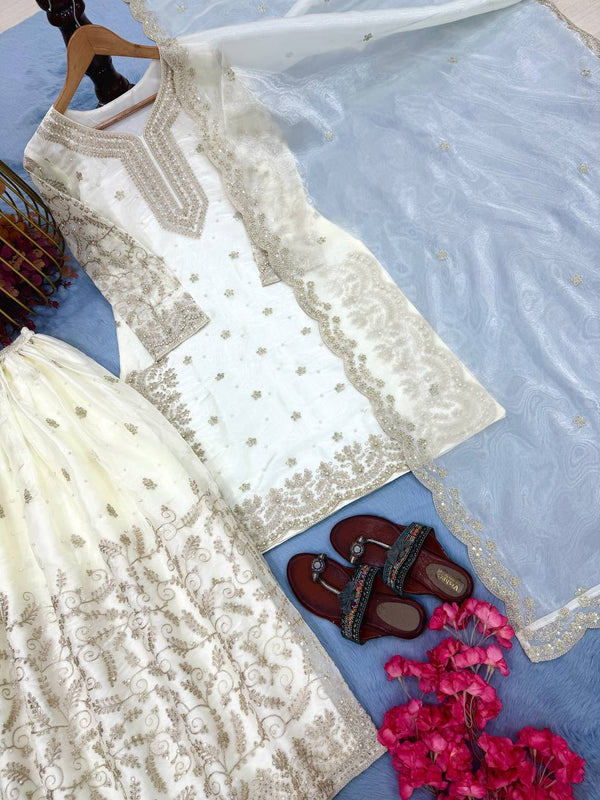 White Tissue Silk Embroidered Plazzo Set with Heavy 3mm Sequins, Coding Dori & Moti Hand Work – Fancy Sleeves, Full Stitched ClothsVilla