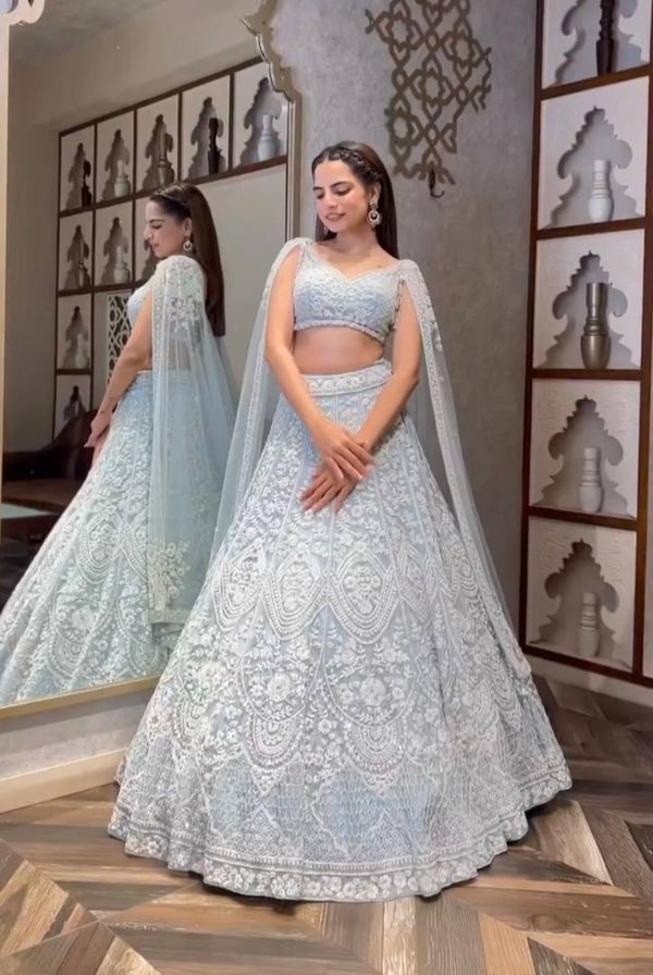 Milky Traditional Obsession – Exquisite Net Sequin Lehenga Set ClothsVilla