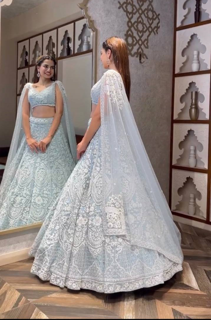 Milky Traditional Obsession – Exquisite Net Sequin Lehenga Set ClothsVilla