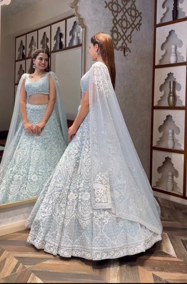 Milky Traditional Obsession – Exquisite Net Sequin Lehenga Set ClothsVilla