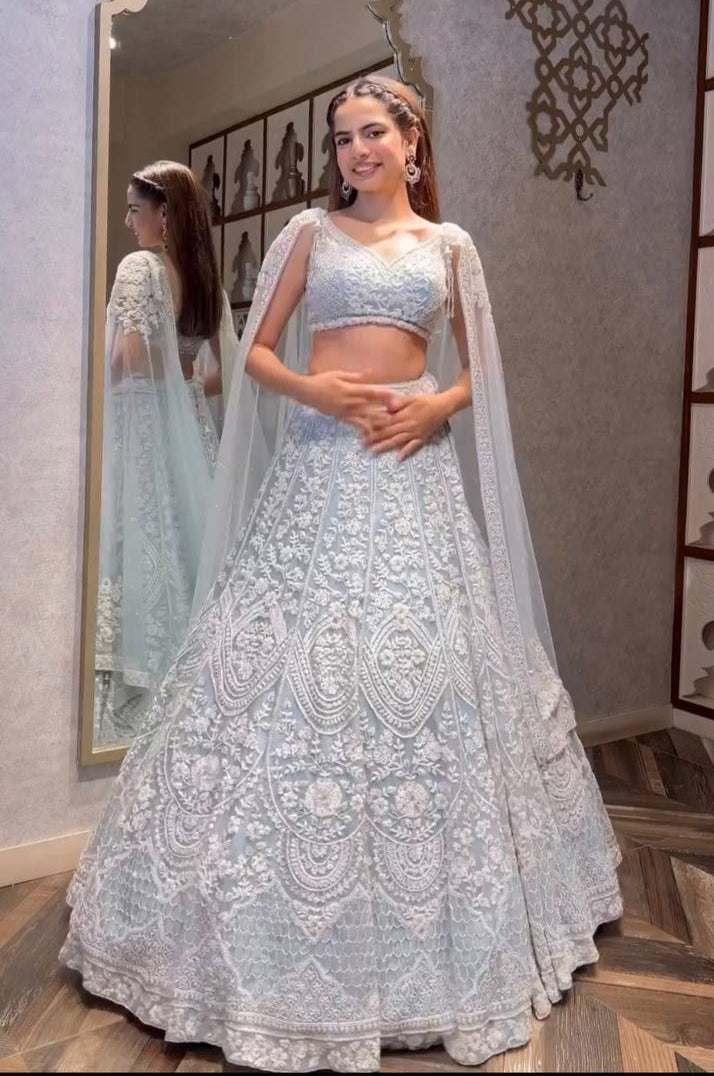 Milky Traditional Obsession – Exquisite Net Sequin Lehenga Set ClothsVilla