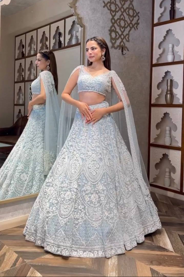 Milky Traditional Obsession – Exquisite Net Sequin Lehenga Set ClothsVilla