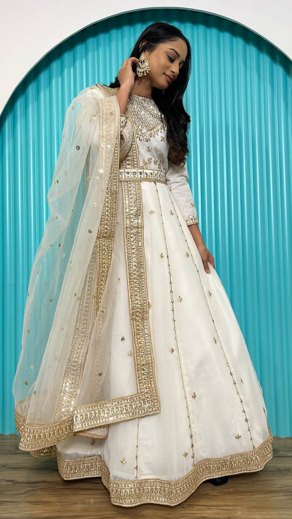 White Unmissable Wedding Season Georgette Gown Set Clothsvilla