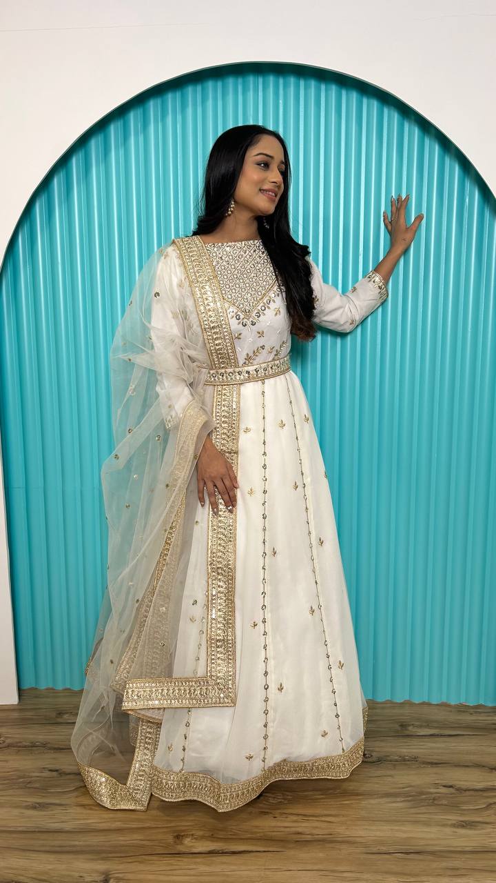 White Unmissable Wedding Season Georgette Gown Set Clothsvilla Main image