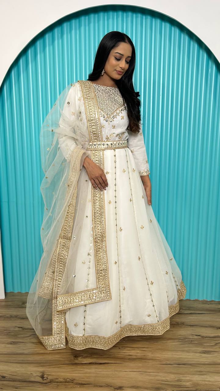White Unmissable Wedding Season Georgette Gown Set Clothsvilla