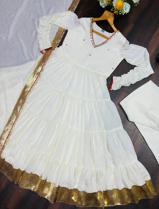 White Vichitra Silk Heavy Sequins Gown Set