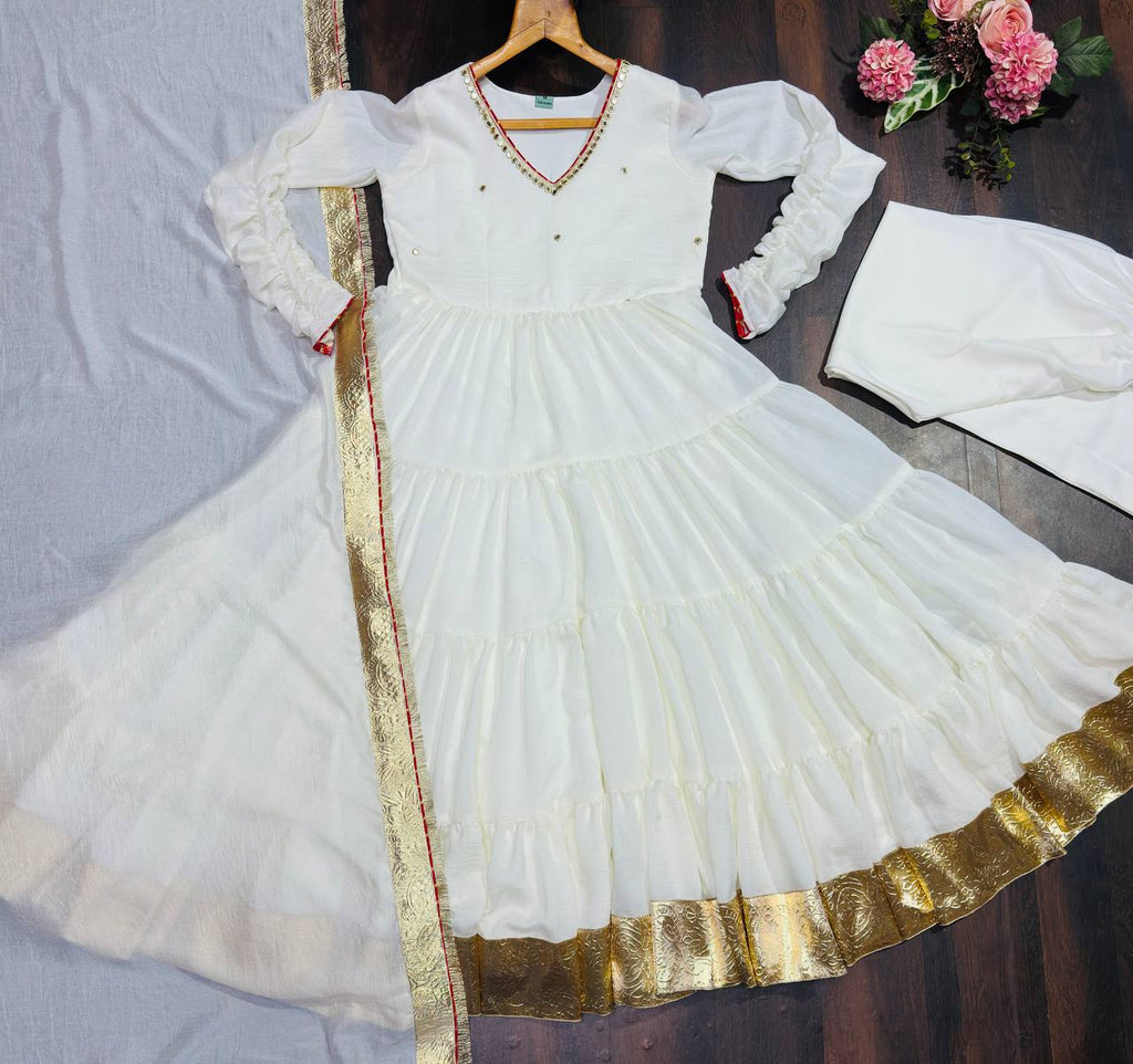 White Vichitra Silk Heavy Sequins Gown Set