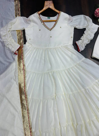 White Vichitra Silk Heavy Sequins Gown Set