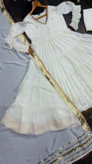 White Vichitra Silk Heavy Sequins Gown Set