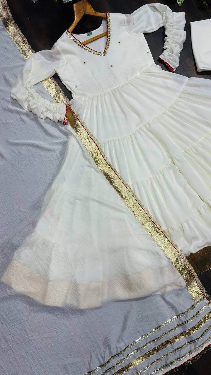 White Vichitra Silk Heavy Sequins Gown Set