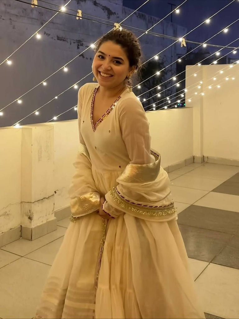 White Vichitra Silk Heavy Sequins Gown Set