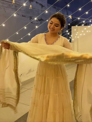 White Vichitra Silk Heavy Sequins Gown Set