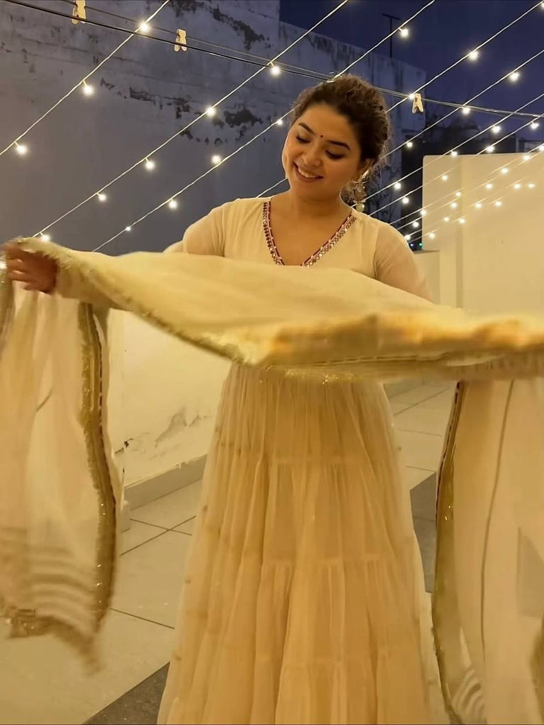 White Vichitra Silk Heavy Sequins Gown Set