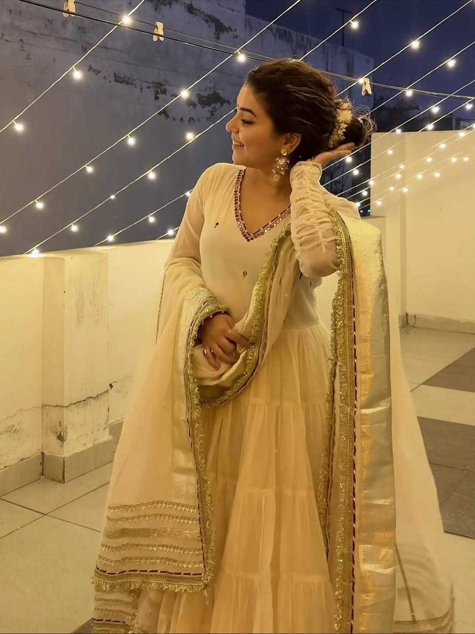 White Vichitra Silk Heavy Sequins Gown Set