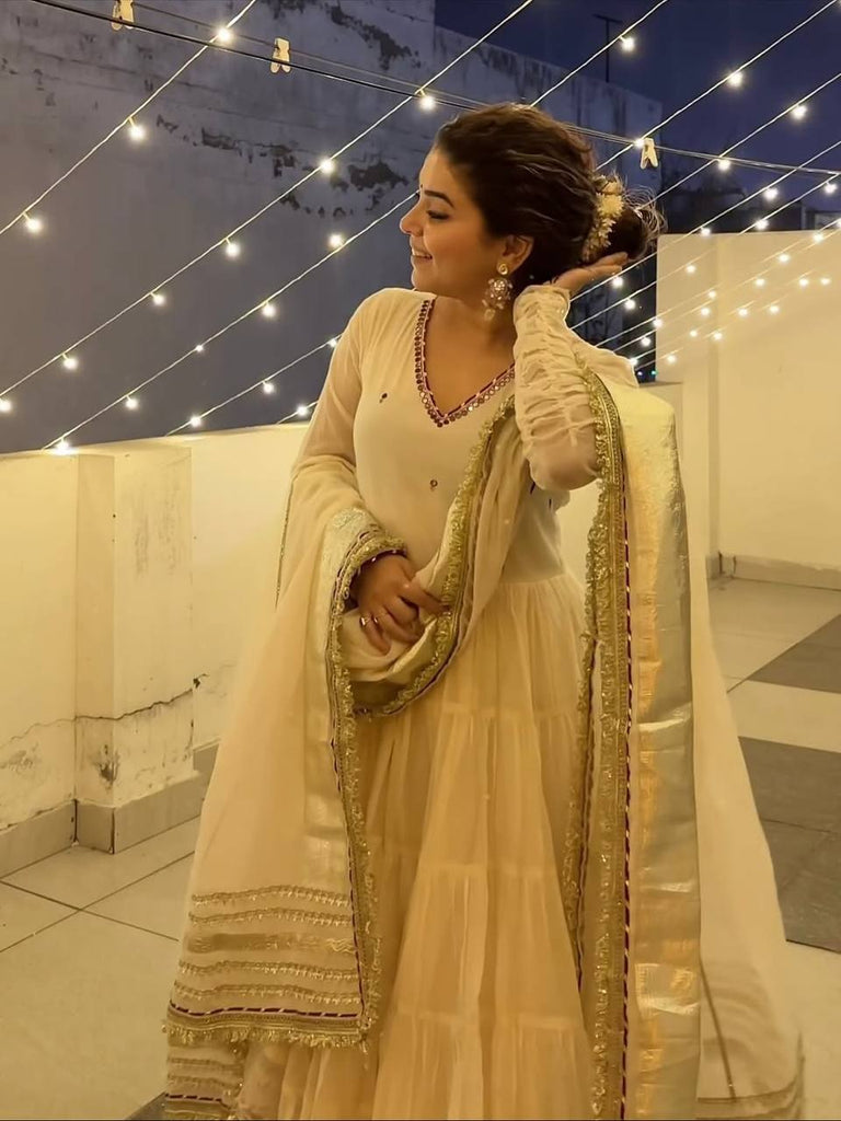 White Vichitra Silk Heavy Sequins Gown Set