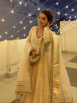 White Vichitra Silk Heavy Sequins Gown Set