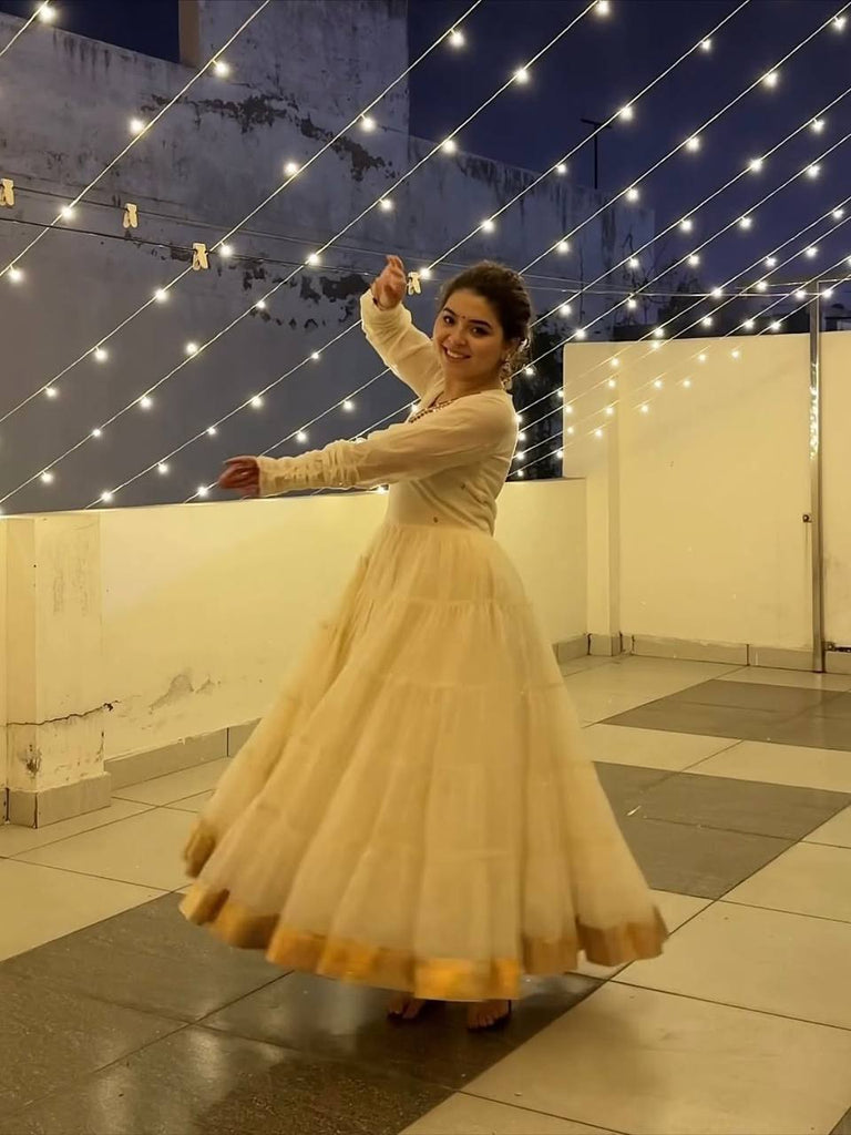 White Vichitra Silk Heavy Sequins Gown Set