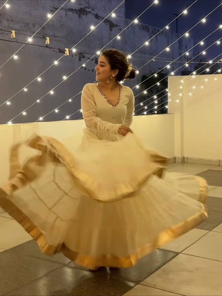 White Vichitra Silk Heavy Sequins Gown Set