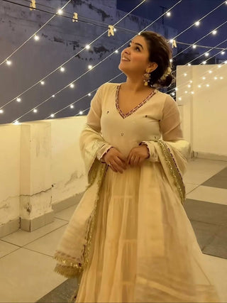 White Vichitra Silk Heavy Sequins Gown Set