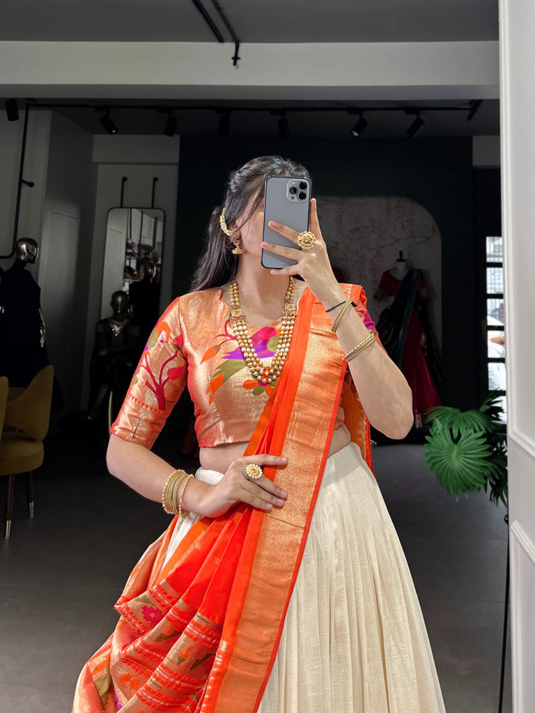 White Vichitra Silk Zari Weaving Lehenga Set with Paithani Jacquard Blouse & Dupatta ClothsVilla