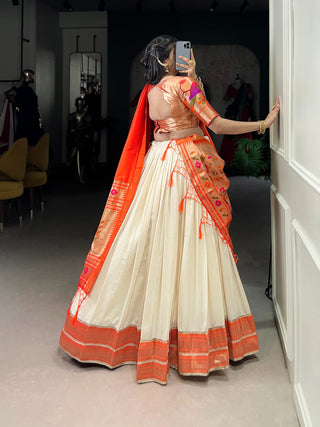 White Vichitra Silk Zari Weaving Lehenga Set with Paithani Jacquard Blouse & Dupatta ClothsVilla