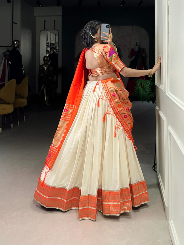 White Vichitra Silk Zari Weaving Lehenga Set with Paithani Jacquard Blouse & Dupatta ClothsVilla