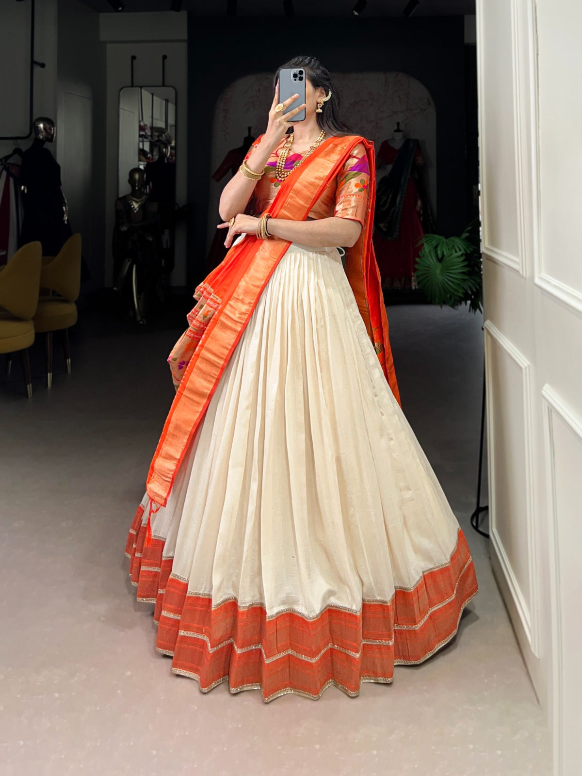 White Vichitra Silk Zari Weaving Lehenga Set with Paithani Jacquard Blouse & Dupatta ClothsVilla