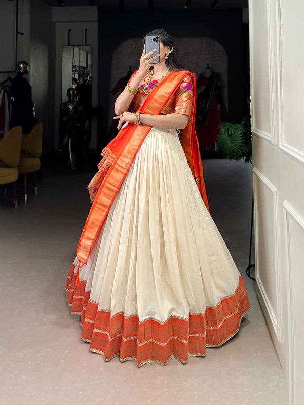 White Vichitra Silk Zari Weaving Lehenga Set with Paithani Jacquard Blouse & Dupatta ClothsVilla