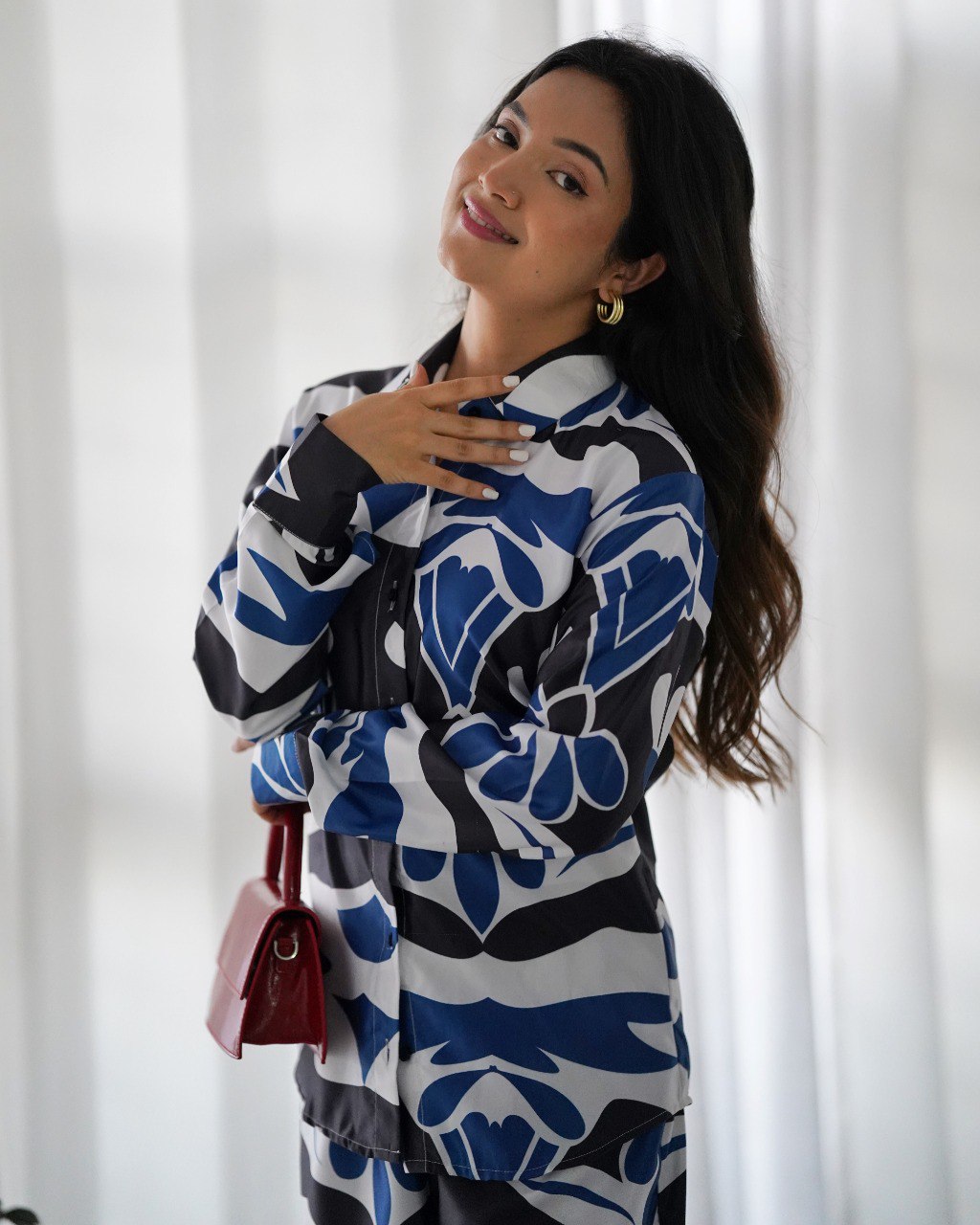 White With Black-Blue Floral Co-Ord Set
