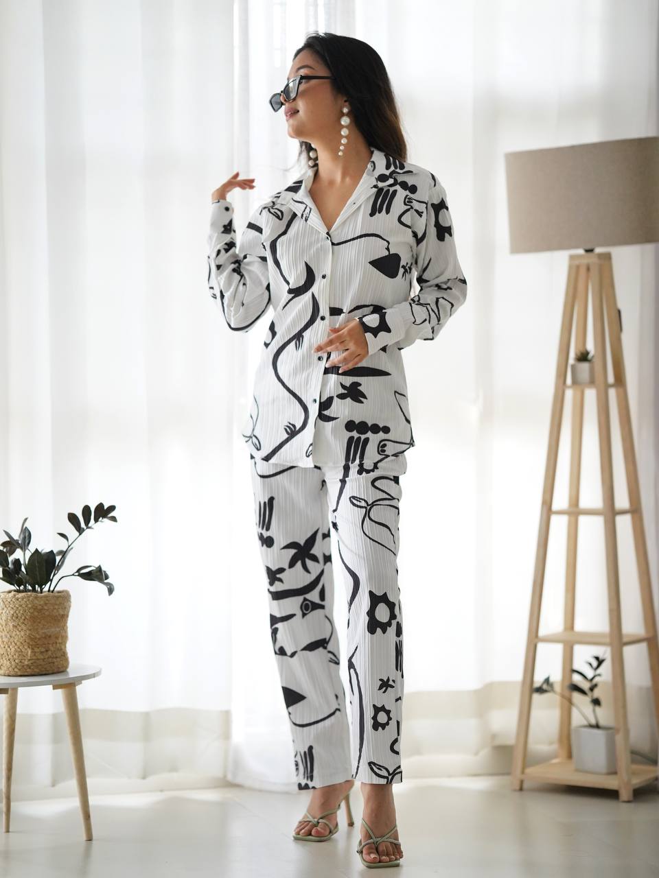 White With Black Floral Co-Ord Set