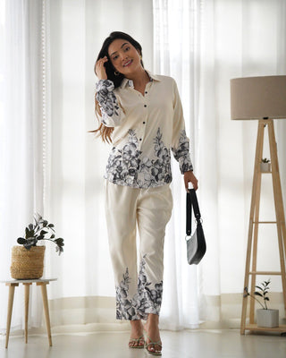 White With Black Floral Co-Ord Set