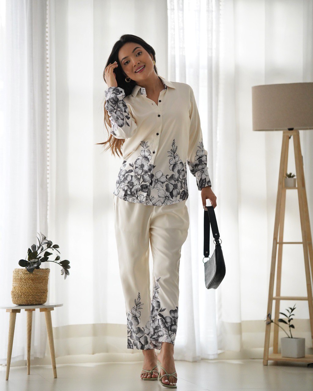 White With Black Floral Co-Ord Set