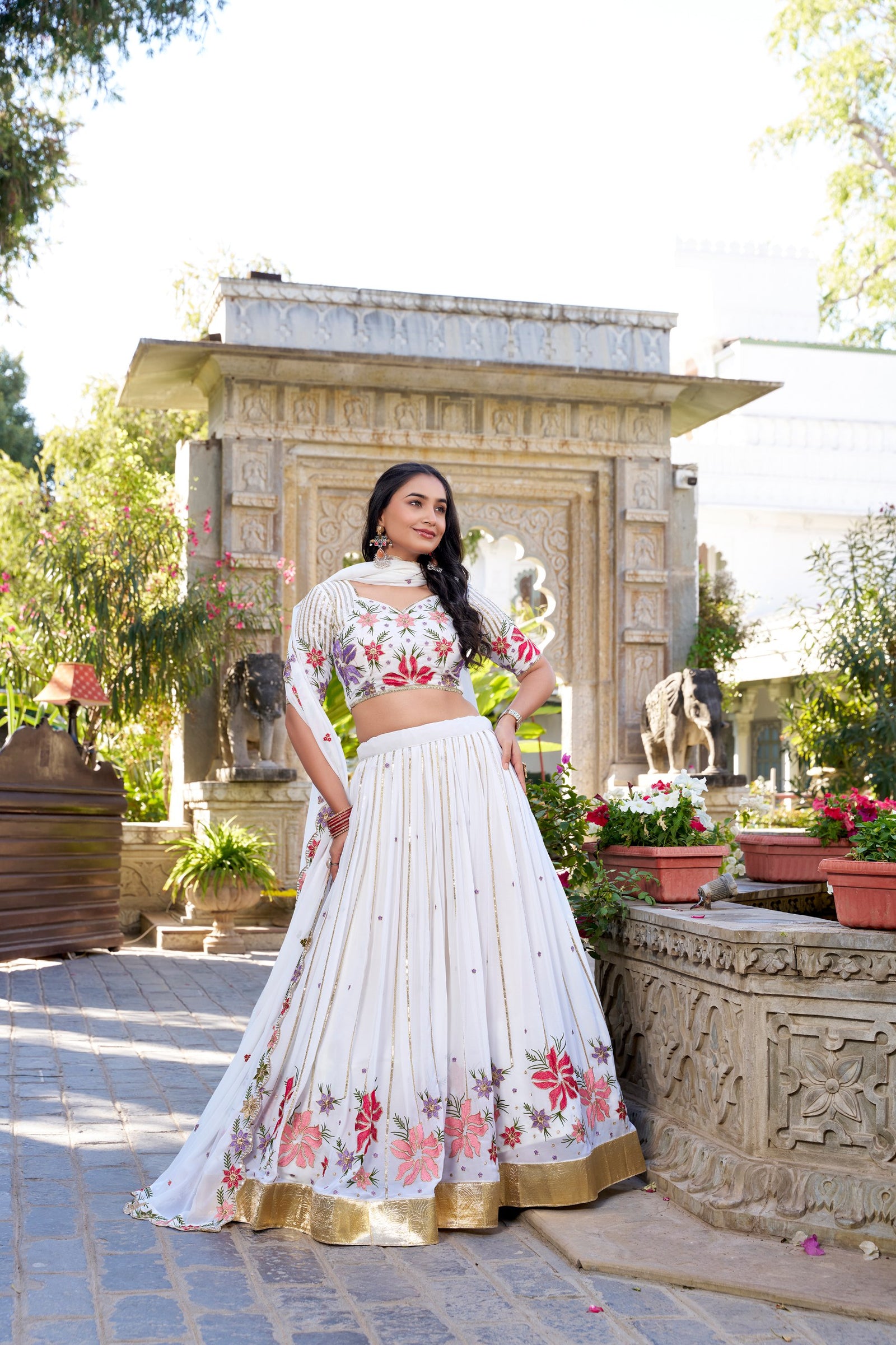 White Wonder Georgette Lehenga Set with Embroidered Elegance