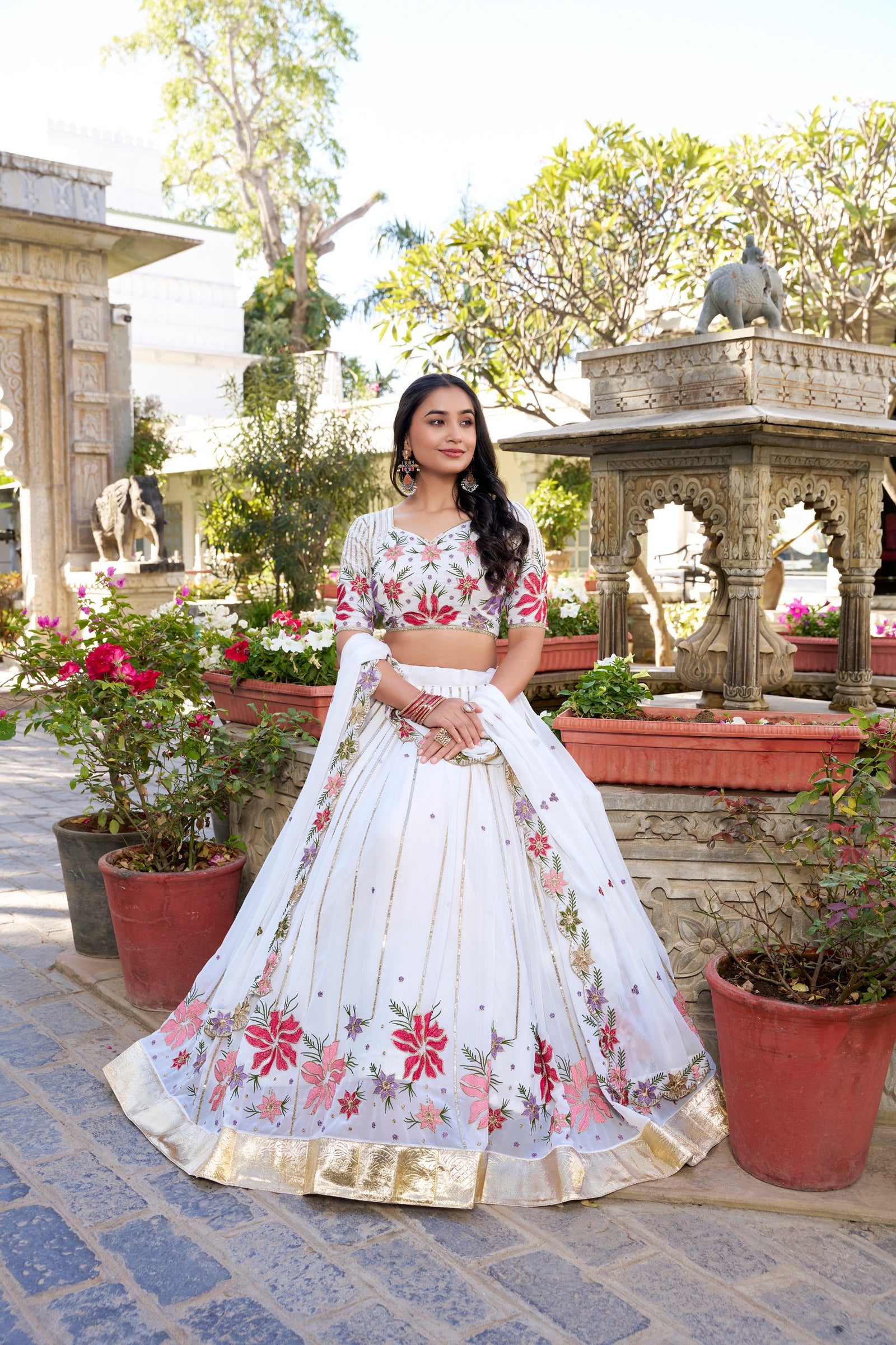 White Wonder Georgette Lehenga Set with Embroidered Elegance