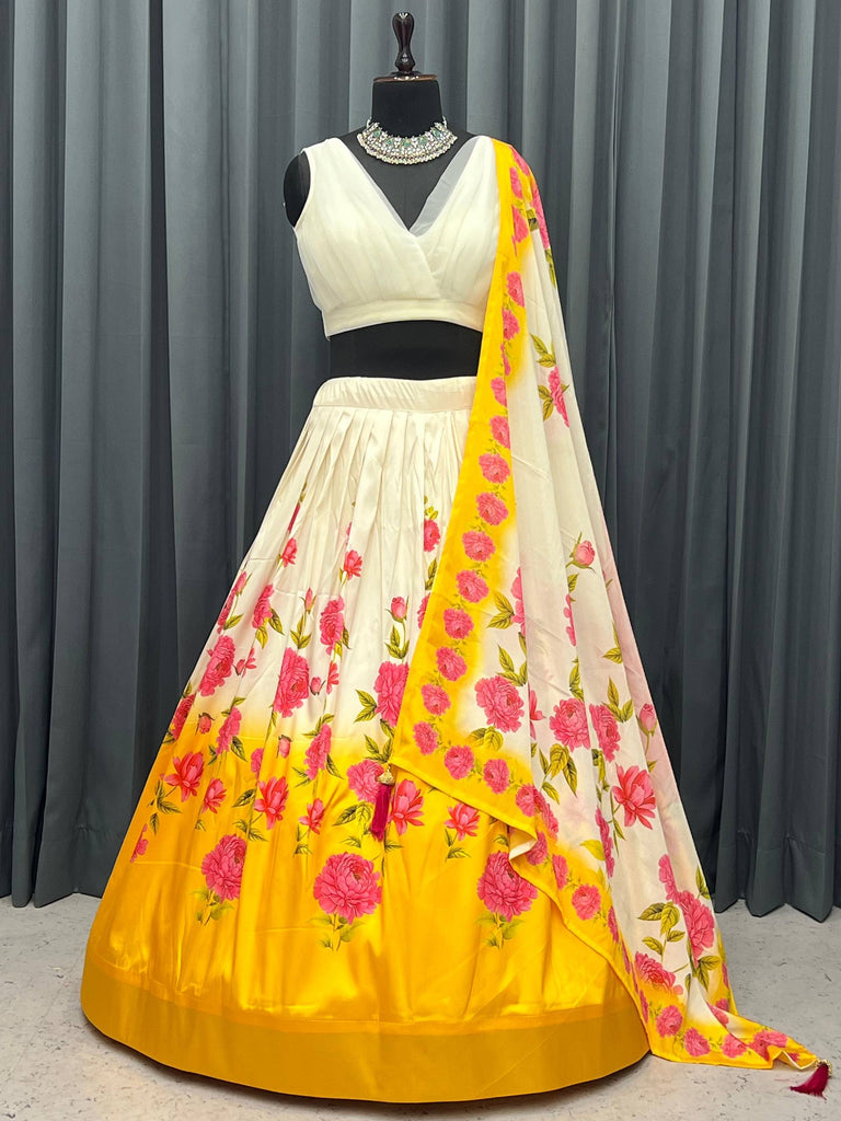 White & Yellow Elegant Tapeta Silk Printed Lehenga Set with Soft Net Blouse & Jhumka Dupatta ClothsVilla