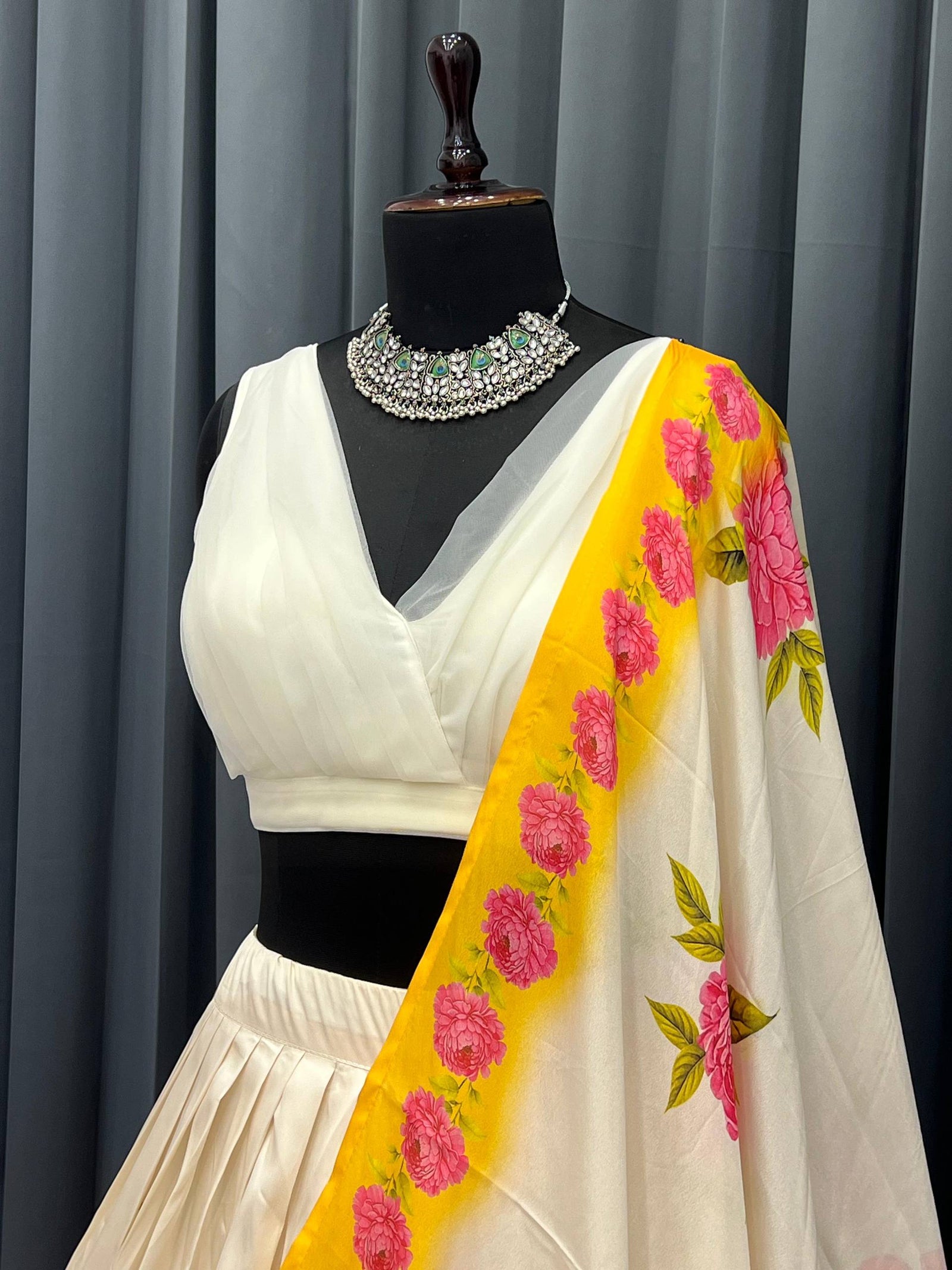 White & Yellow Elegant Tapeta Silk Printed Lehenga Set with Soft Net Blouse & Jhumka Dupatta ClothsVilla