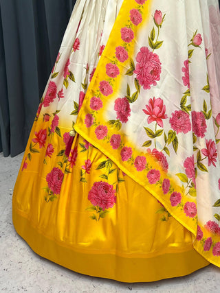 White & Yellow Elegant Tapeta Silk Printed Lehenga Set with Soft Net Blouse & Jhumka Dupatta ClothsVilla