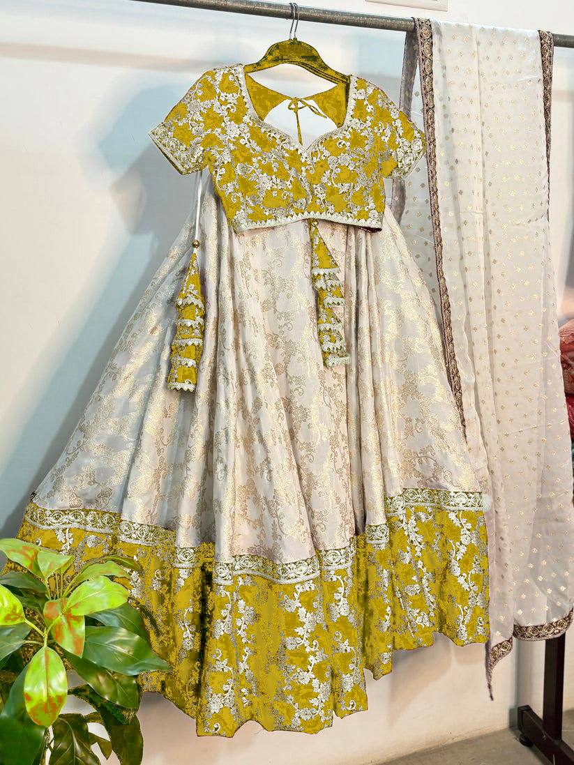 White & Yellow Glamorous Jequrd Semi-Stitched Lehenga Set with Sequins & Coding Work ClothsVilla