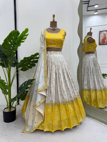 White & Yellow Glamorous Jequrd Semi-Stitched Lehenga Set with Sequins & Coding Work ClothsVilla