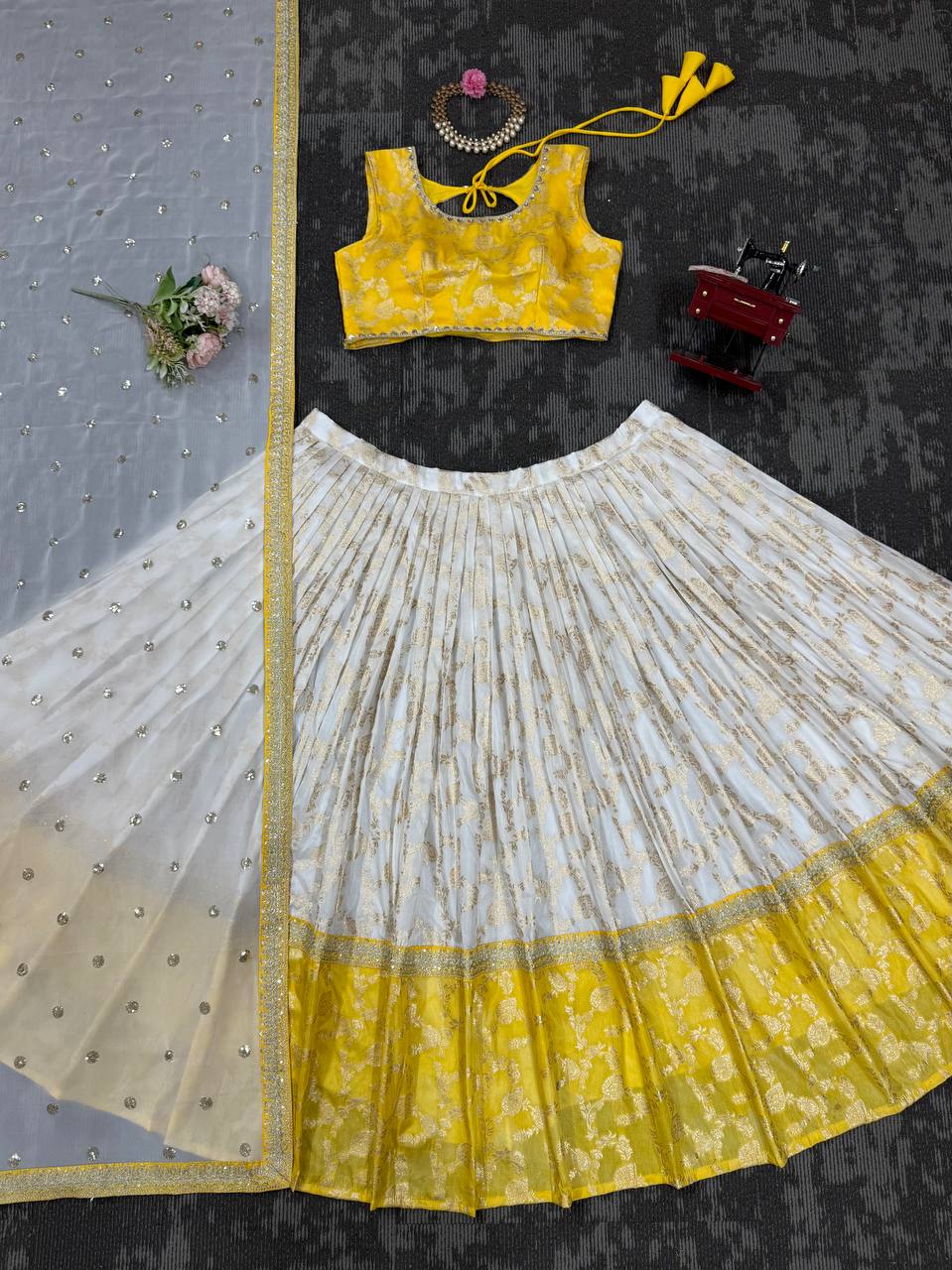 White & Yellow Glamorous Jequrd Semi-Stitched Lehenga Set with Sequins & Coding Work ClothsVilla