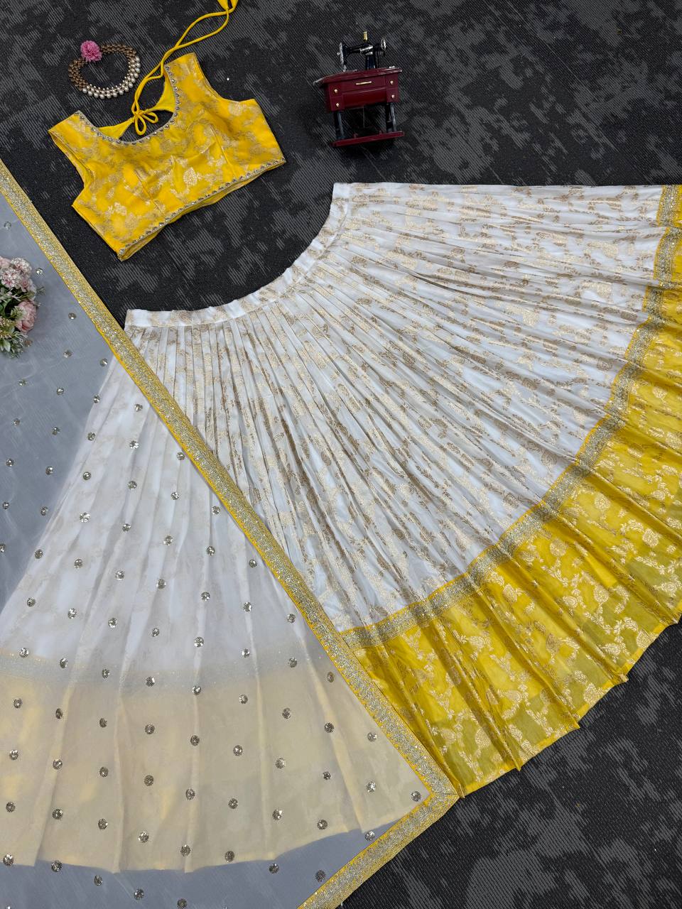 White & Yellow Glamorous Jequrd Semi-Stitched Lehenga Set with Sequins & Coding Work ClothsVilla