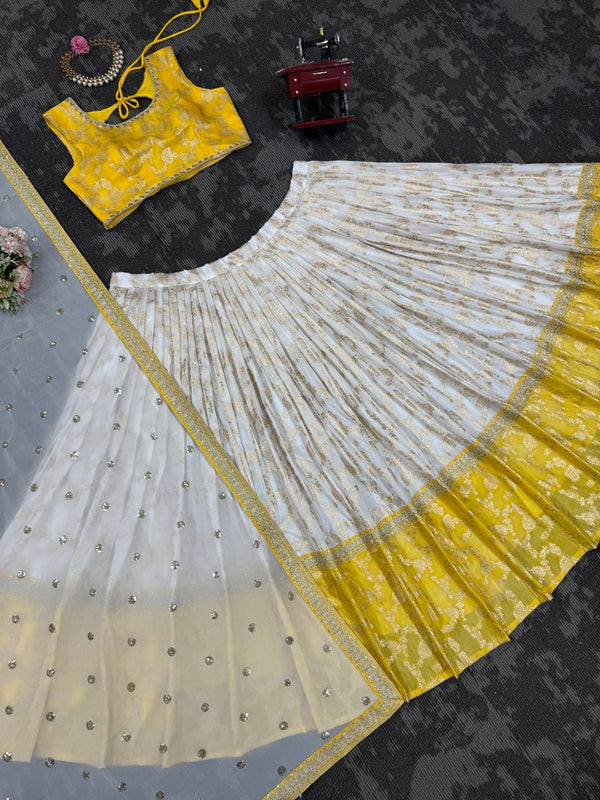 White & Yellow Glamorous Jequrd Semi-Stitched Lehenga Set with Sequins & Coding Work ClothsVilla