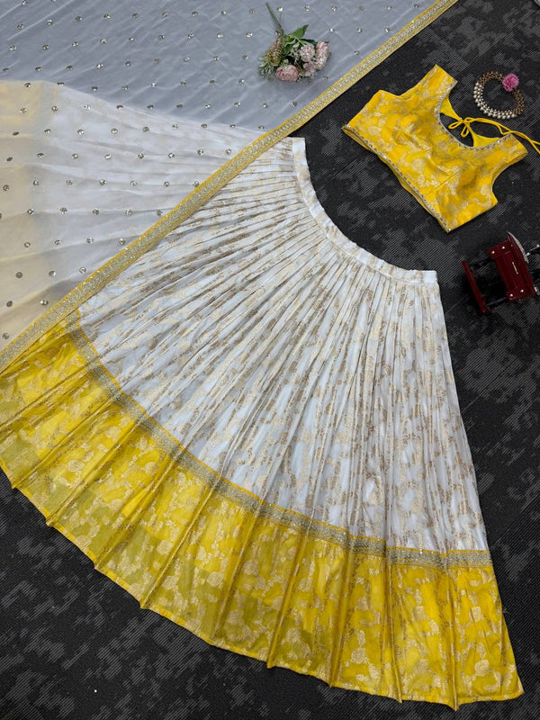 White & Yellow Glamorous Jequrd Semi-Stitched Lehenga Set with Sequins & Coding Work ClothsVilla