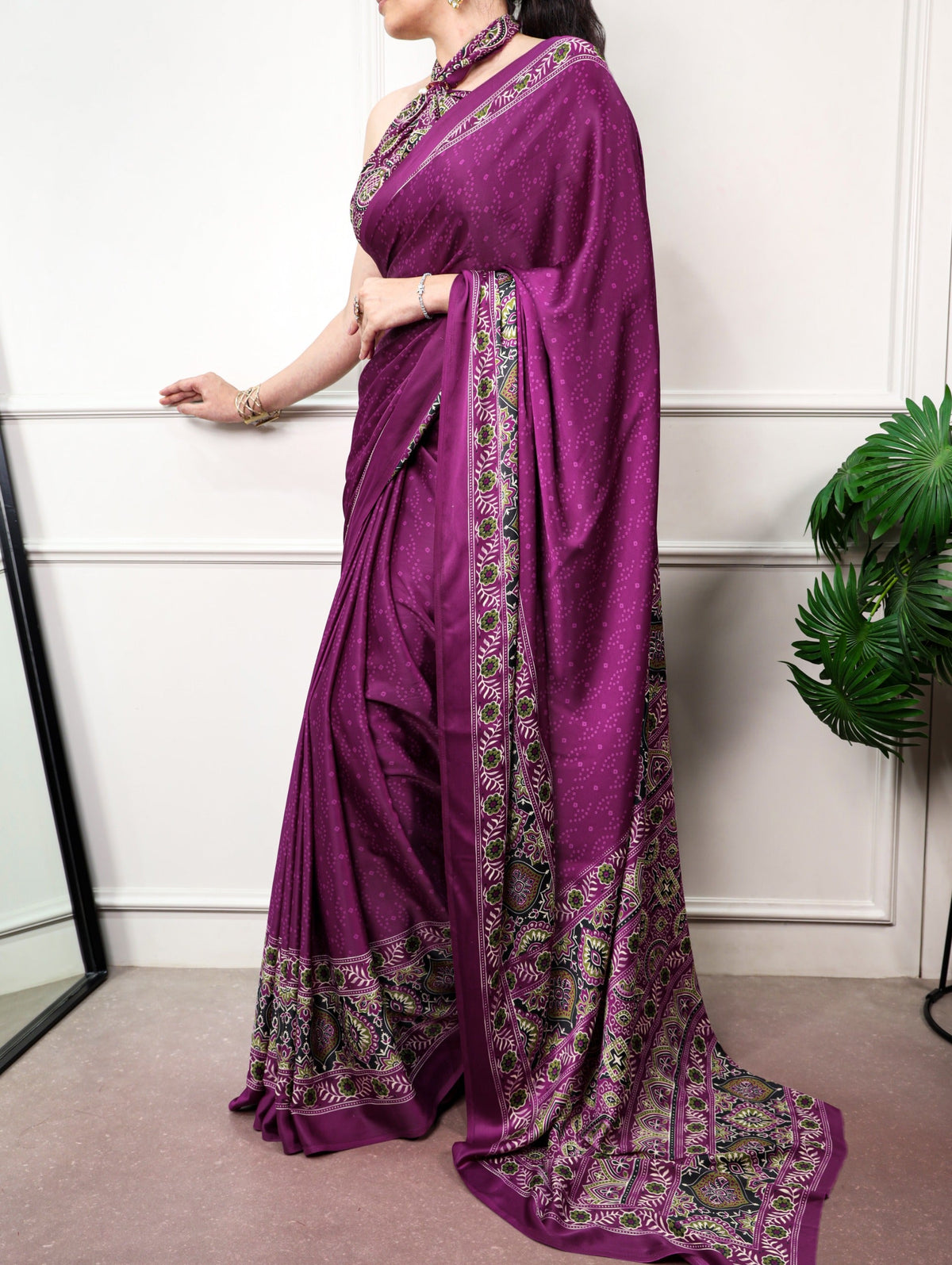 Wine Ajrakh Print Satin Silk Saree ClothsVilla
