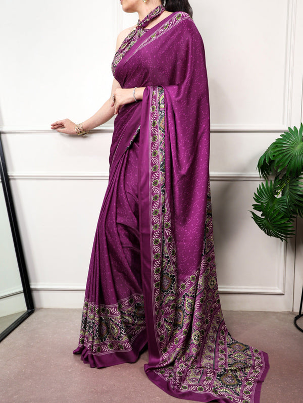 Wine Ajrakh Print Satin Silk Saree ClothsVilla