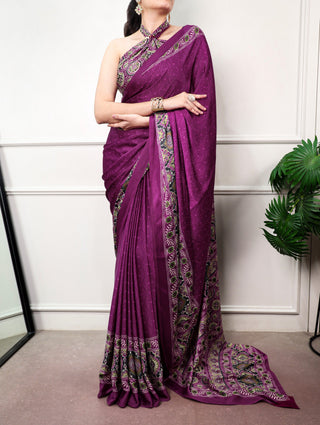 Wine Ajrakh Print Satin Silk Saree ClothsVilla