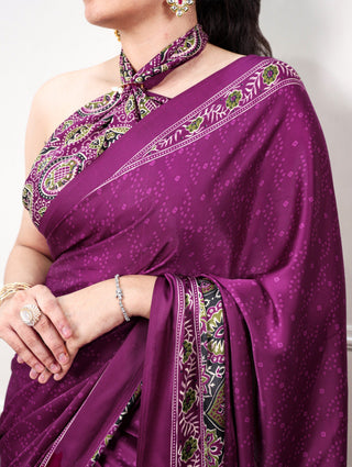 Wine Ajrakh Print Satin Silk Saree ClothsVilla