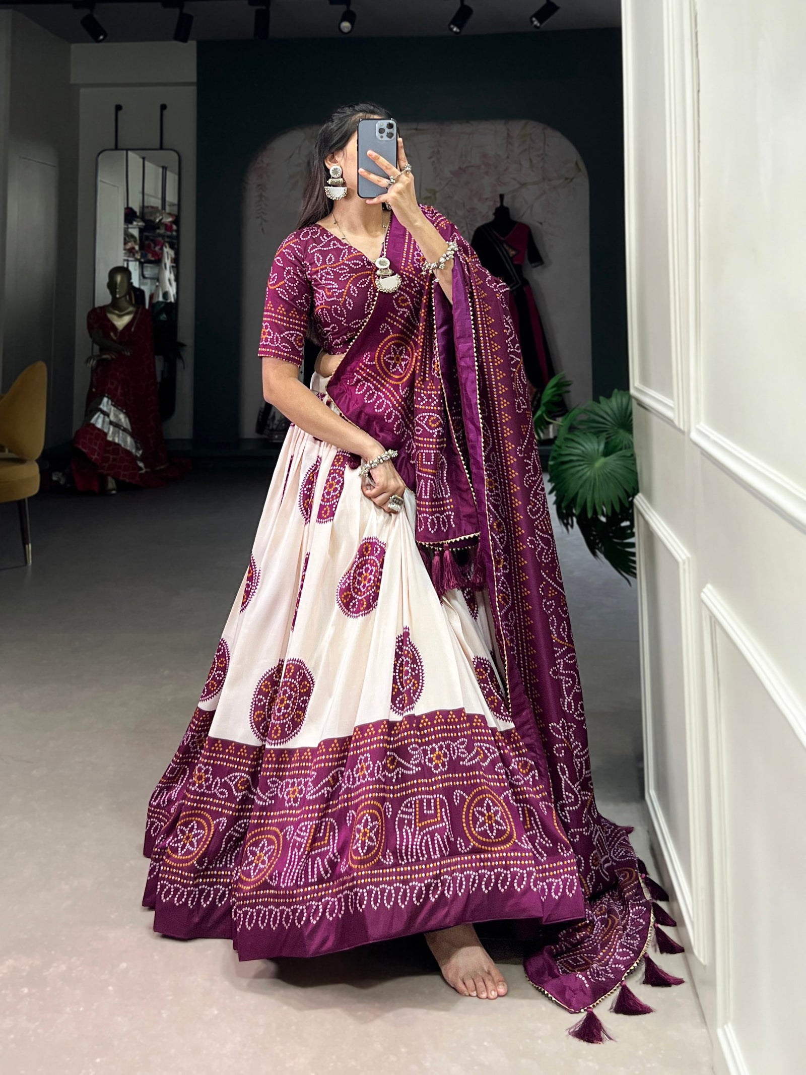 Wine Artistry in Silk Tussar Lehenga Choli with Bandhej Print & Gotta Patti Accents