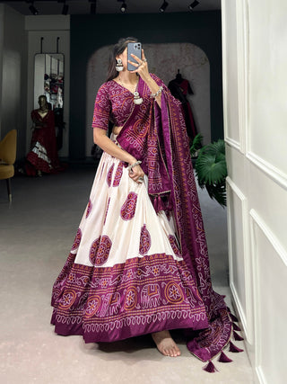 Wine Artistry in Silk Tussar Lehenga Choli with Bandhej Print & Gotta Patti Accents